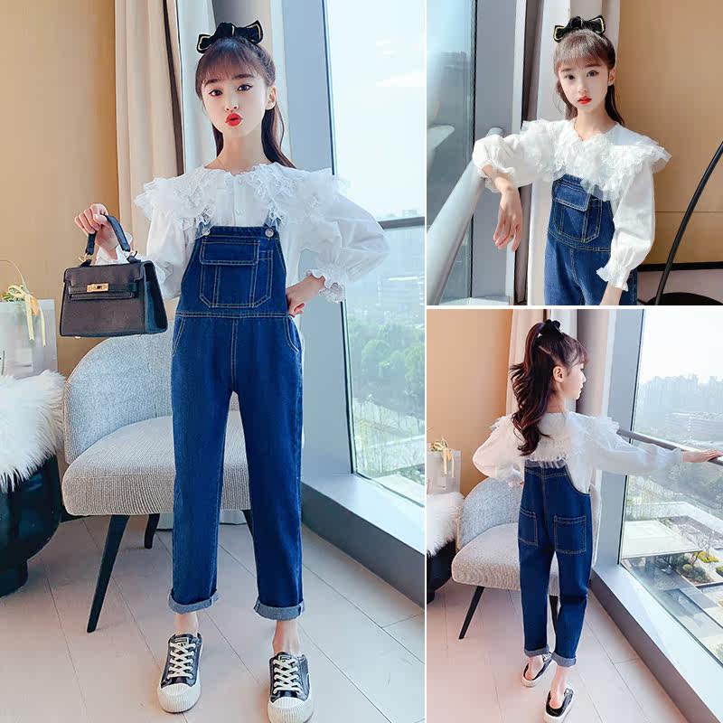 Girls denim holding baby bag pants suit women's spring and autumn shirts children's fashion Korean version 2021 middle-aged girls new style Western style