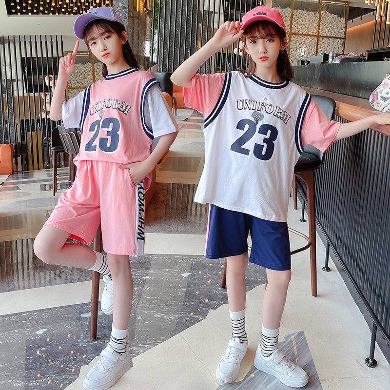Girl Suit Summer Style Foreign Pie 2022 New Children Loose Students Sports Basketball Conserved Speed Dry Jersey Two Sets