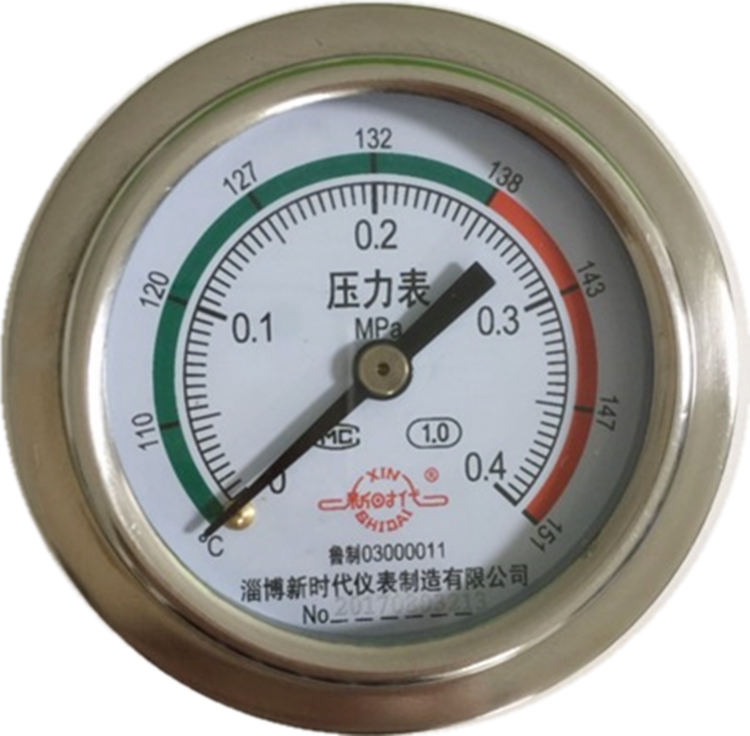 淄博新时代压力表0-0.4MPa山东新华立式高压蒸汽配件压力表