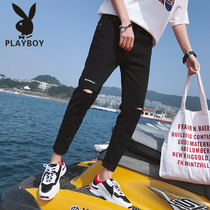 Playboy jeans mens Tide brand summer thin slim foot pants summer straight Korean trend pants