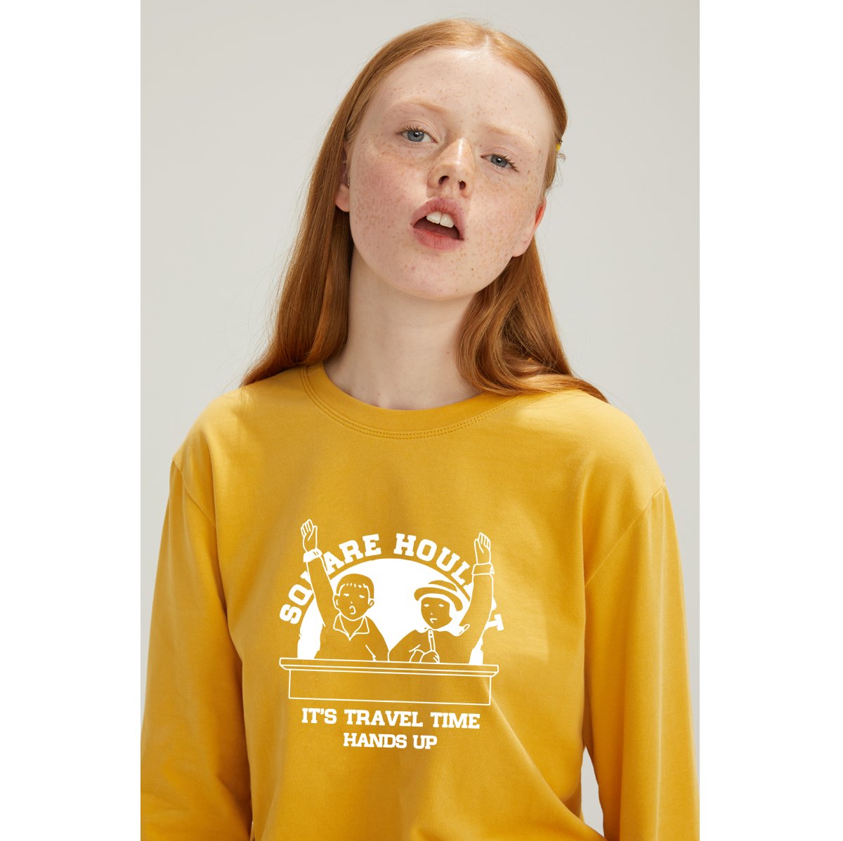 square houlest original cotton design printed long-sleeved Harajuku wind top yellow couple thick T-shirt women
