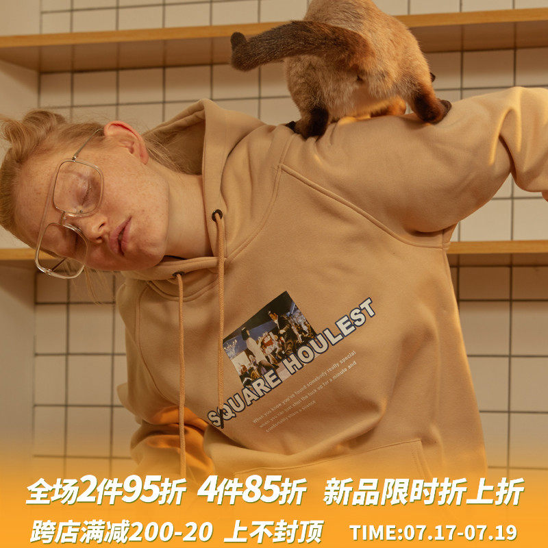 square houlest2021 new spring and autumn original college hooded velvet thickened section couple models sweater