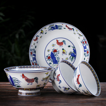 Jingdezhen ceramic household antique rice bowl high foot anti-scalding noodle bowl Porridge bowl instant noodle bowl single soup bowl set