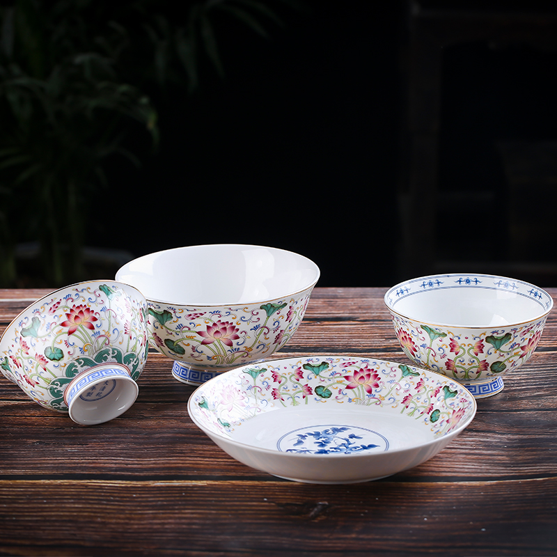 Household ceramic bowl a single bowl of high anti hot noodles bowl archaize tableware colored enamel pan spoon noodles in soup bowl