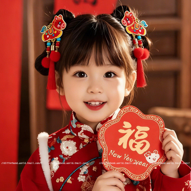 Year of the Horse New Year Red Children's Tassel Hairpin Hair Accessory, Traditional Chinese New Year Headdress, Chinese Style Little Girl Hanfu Hairpin
