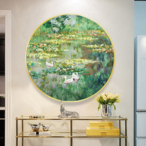 Hand-painted oil painting light luxury American porch counter decoration painting living room dining room round frame hanging painting Monet water lily mural