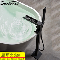 All-copper brushed gold floor-standing bathtub faucet Cylinder edge black waterfall vertical hot and cold faucet shower set