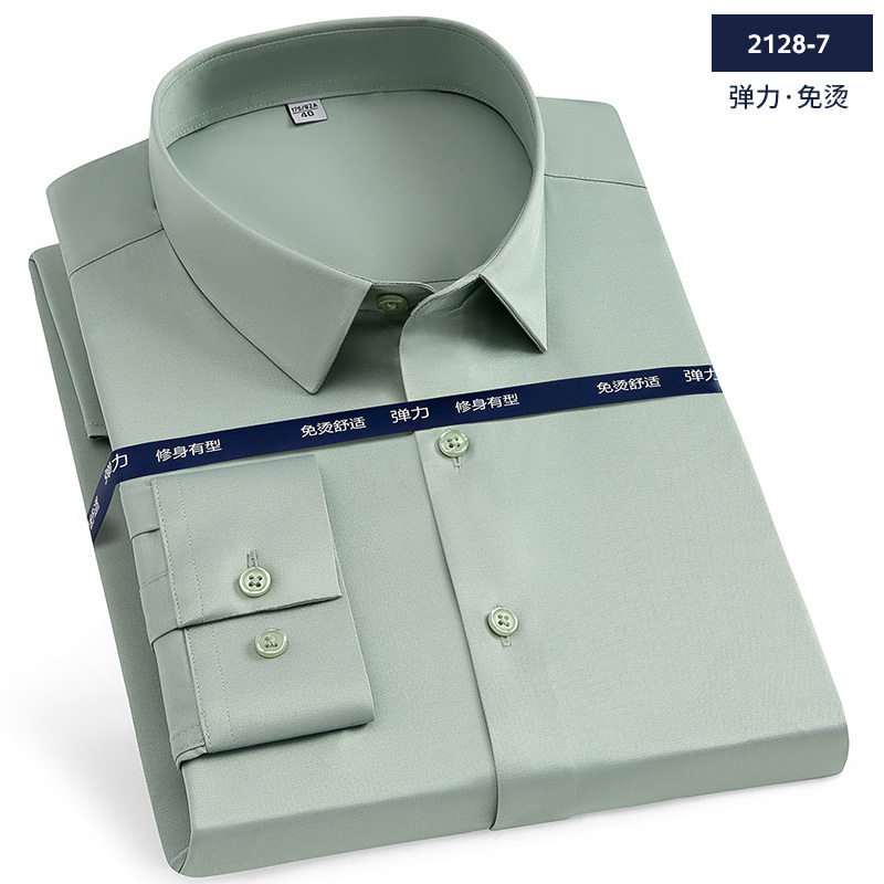 Military Green Long-Sleeved Men's Mercerized Youth Shirt, High-End, Seamless, No-Iron, Anti-Wrinkle, Stretchy, Imitation Silk, Large Size Shirt