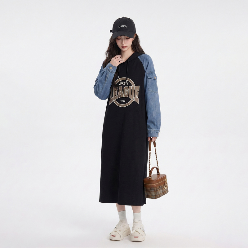 Korean Style Loose Denim Patchwork Dress for Women 2026 Autumn New Relaxed Hooded Sweatshirt Dress Beautiful Long Dress