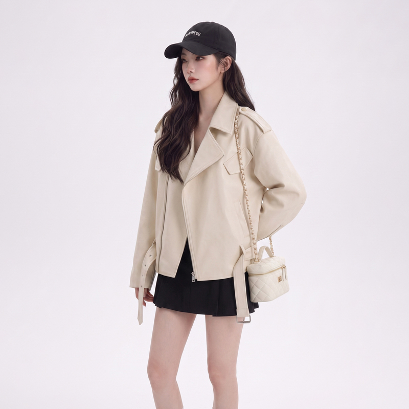 This Year's Trendy Hot-Selling Off-White Leather Jacket for Women, 2026 Autumn New Style, High-End Motorcycle Jacket, Pu Jacket, Trendy This Year's Trendy Hot-Selling Off-White Leather Jacket for Women, 2026 Autumn New Style, High-End Motorcycle Jacket, Pu Jacket, Trendy