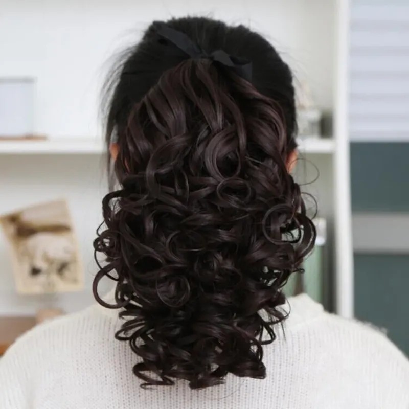 Wig female ponytail strap-style invisible hair-free hair sheet Natural realistic large wave pear flower curly hair short heat sell