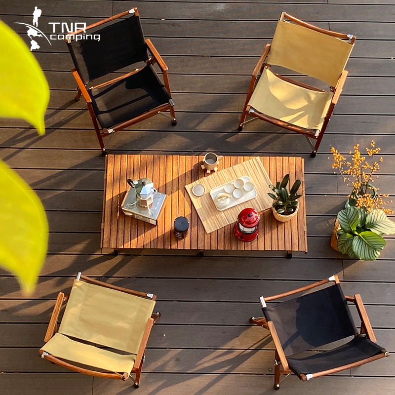 TNR Retro Solid Wood Wukel Chair Outdoor Camping Self-driving Picnic Folding Chair Nordic Jane Kmit Chair Teakwood Table