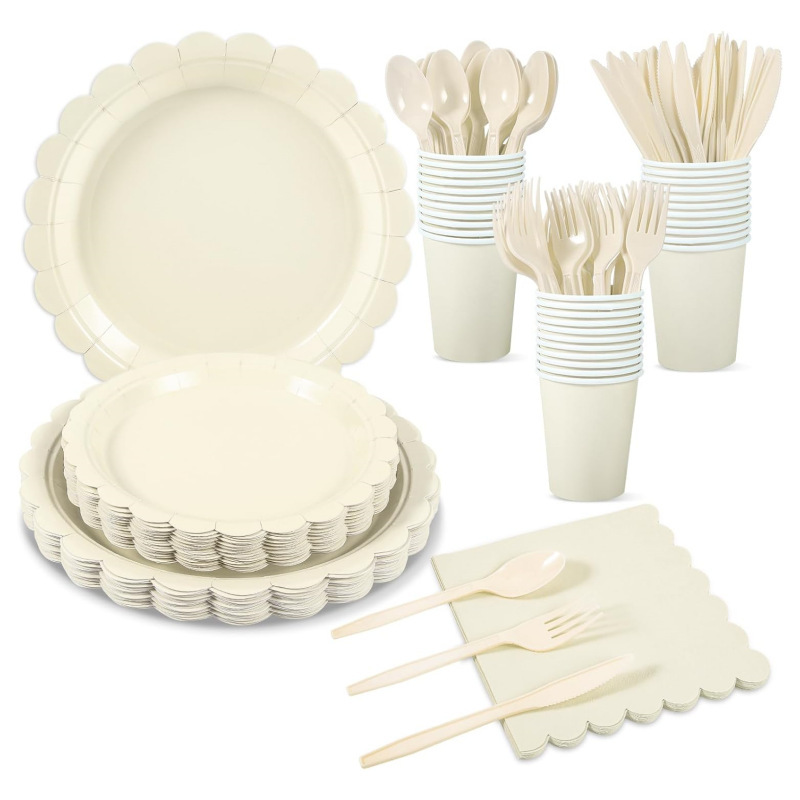 Beige Lace Solid Color Tableware Set Birthday Party Disposable Paper Plates Paper Cups Napkins Knife Fork Spoon Dinner Plate
