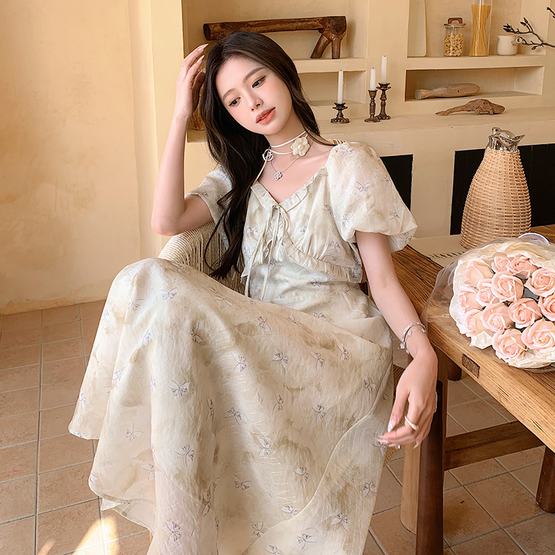 Ytfr Tianfanren's 2023 Summer New Product Fancy Mid-Length Short-Sleeved Dress Floral Slimming Look A-Line Skirt