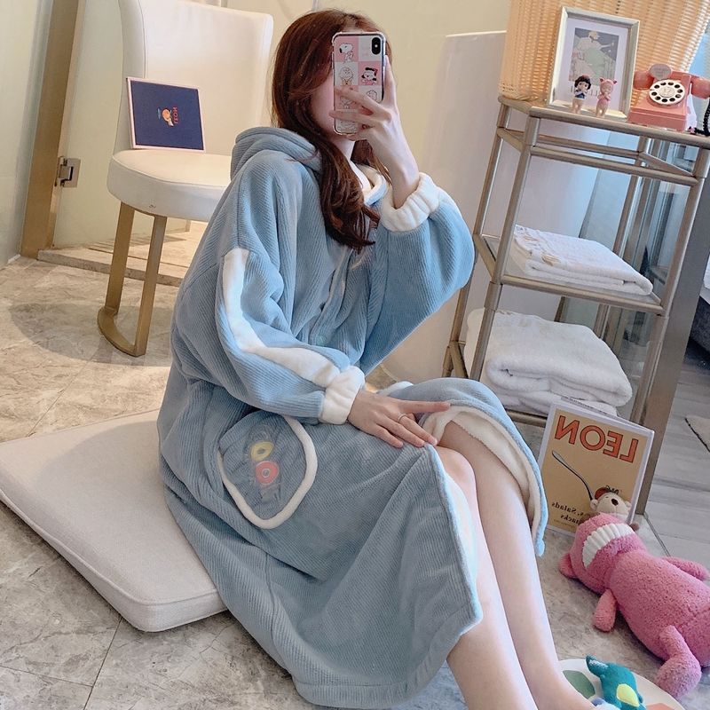 Sleeping Robe Woman Autumn Winter Thickened Coral Suede Long Version Pyjamas Woman Winter Flannel bathrobe sweet and cute at home