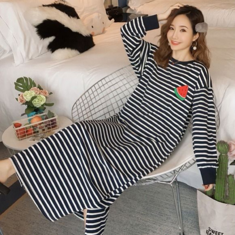 Spring Autumn Season Sleeping Dress Woman Cotton Long Sleeve Super Long Over Knee to Ankle Pyjamas Woman Autumn Winter Cute Stripes Plus Size