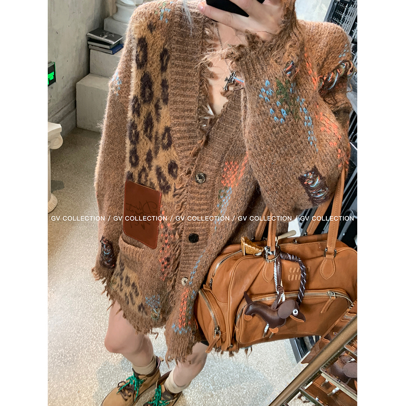 Gv Big Brother Heavy-Duty Leather Label Frayed Tassel Thick Color-Block Sweater Loose Cardigan Winter Coat for Women