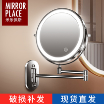 浴室化妆镜led免打孔壁挂可折叠带灯镜酒店卫生间伸缩双面挂墙镜