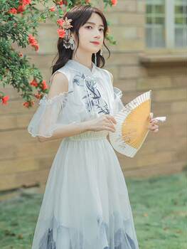 Plus-Size Women's 150kg Modern Chinese-Style Dress with Han Elements, New Chinese Fashion, Off-Shoulder, Everyday Wearable Dress, Trendy