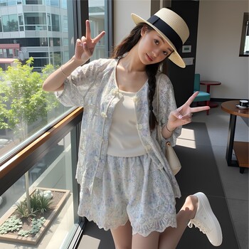 Plus Size 150kg Fashionable New Chinese Style Outfit for Women, Summer Lace Shirt + Wide-Leg Shorts Two-Piece Set for Plus-Size Women