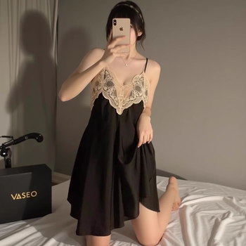 Plus Size Suspender Nightgown for Women, Summer Ice Silk Sleepwear, Thin Lace Hollow-Out Backless Pure Desire Style Short Dress, Loungewear