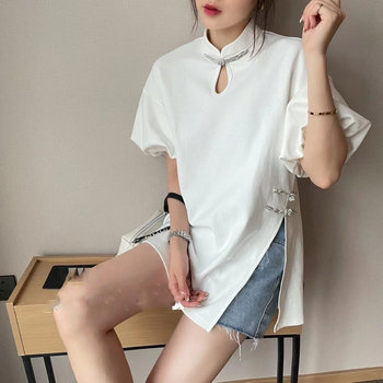 Summer 150kg Plus-Size European Retro Cheongsam Style Side-Slit T-Shirt with Irregular Design for Women Trendy