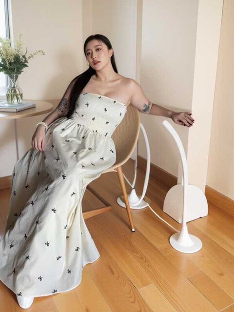 150kg Plus Size Korean Style French Bow Print Strapless Backless Elastic Waist Slimming Long Dress for Chubby Girls
