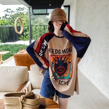 Extra Large Size 100-150kg Stylish and Unique Super Nice-Looking Top with Niche American-Style Graffiti Long-Sleeve T-Shirt