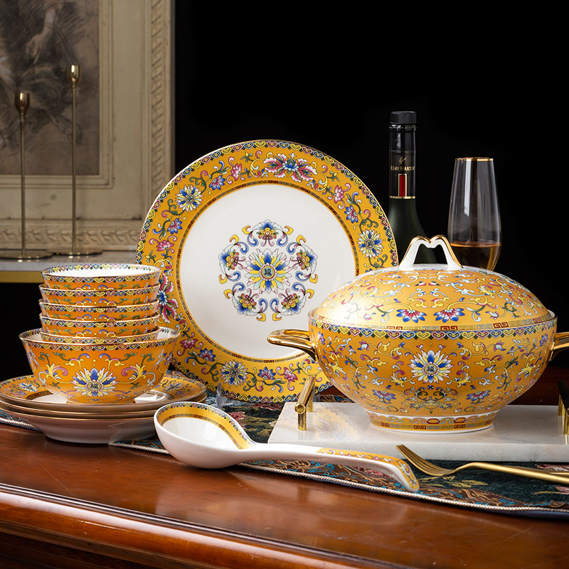 Gold colored enamel dishes suit household light costly ipads bowls plate combination wind housewarming gift Chinese palace tableware