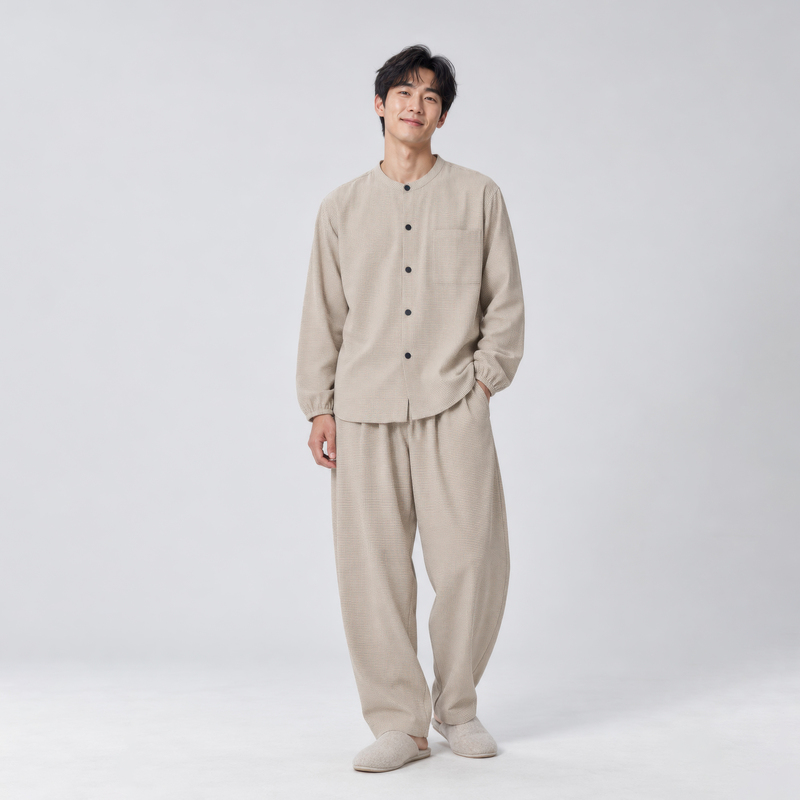 2026 Autumn Pure Cotton Class a Pure Cotton Flannel Pajamas for Men, Can Be Worn Outside, Brushed Loungewear Set, Long-Sleeved, Collarless