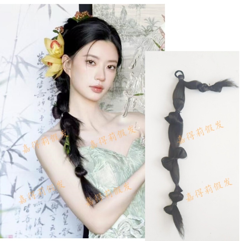New Chinese Style Handmade Braided Twist Braid High Ponytail with Bow, Traditional Chinese Style Hairstyle Wig with Side Braids