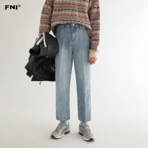 Big Lai FNI Korean old jeans men summer wash light blue loose straight tube casual pants ankle-length pants