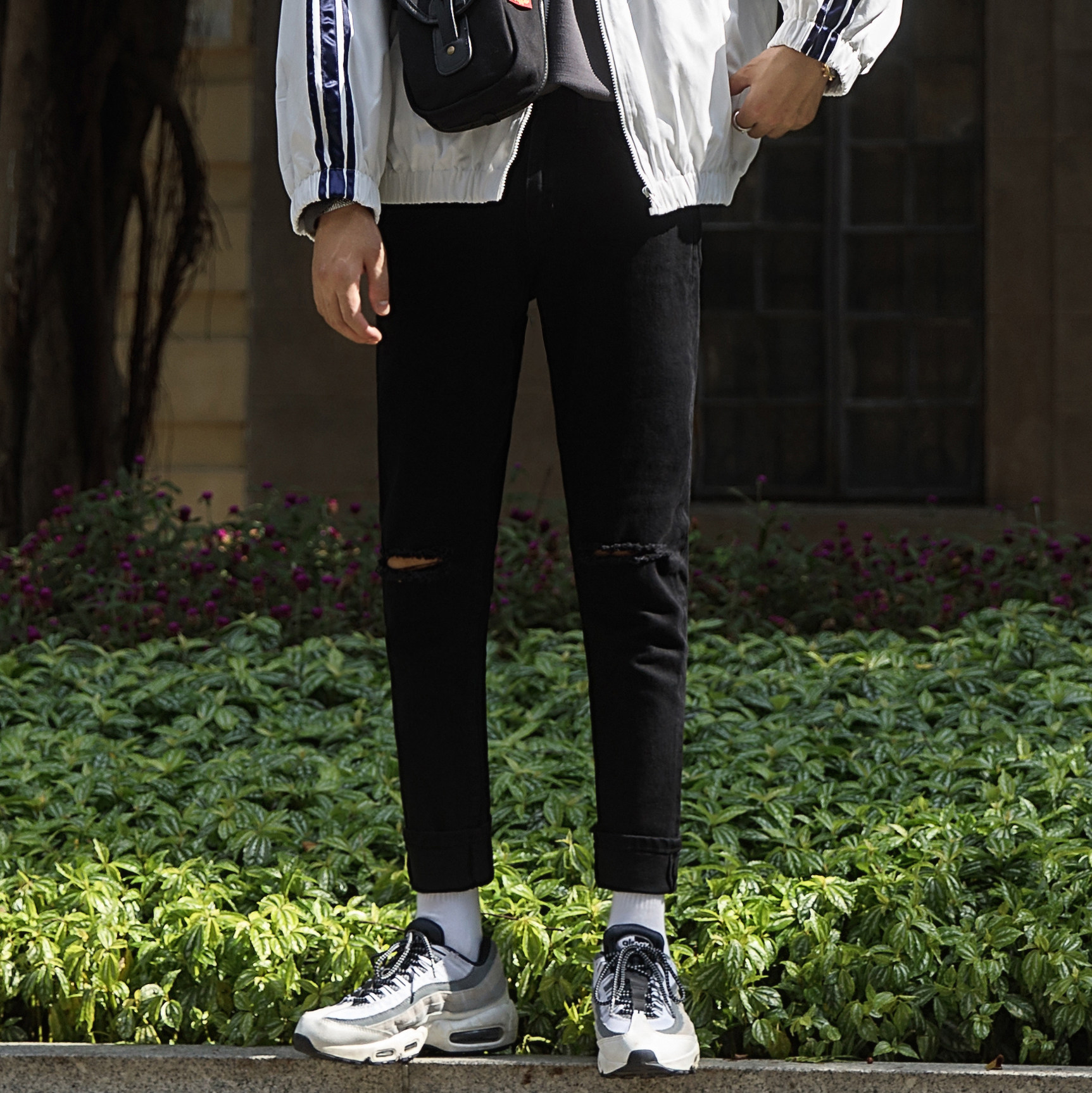 大赖自制/17FW 秋季破洞牛仔裤男修身锥形长裤子小脚韩版休闲裤潮