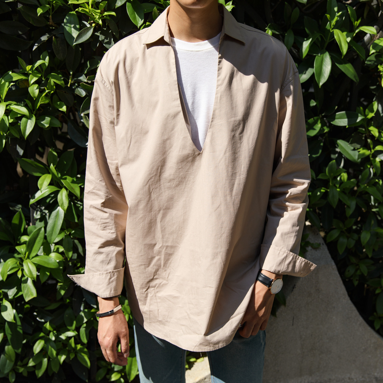 大赖自制/17AW 秋季新款大V领韩版套头衬衫男潮流个性长袖白衬衣