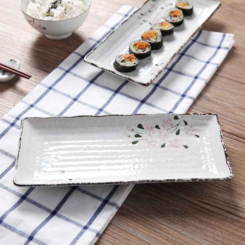 Jingdezhen snow under the glaze color household hand - made sakura sushi plate dish plate wave 10 - inch flat plate