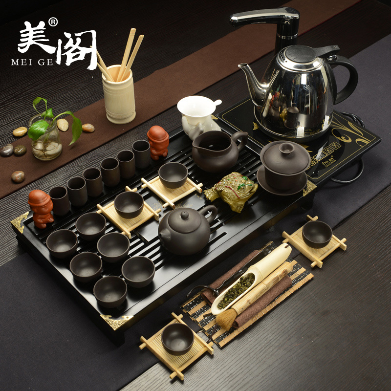 Beauty cabinet kung fu tea set with violet arenaceous solid wood tea tray of a complete set of induction cooker tea tea pot set