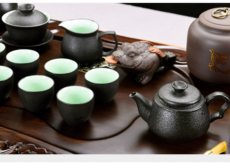 The pavilion side of ebony carved wood tea tray ceramic teapot automatic tea tea set household kung fu tea taking