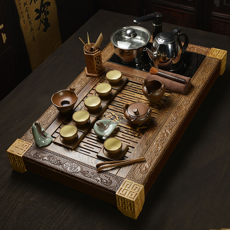 The cabinet carved wenge hua limu tea tray was kung fu tea set a complete set of induction cooker celadon your up roars