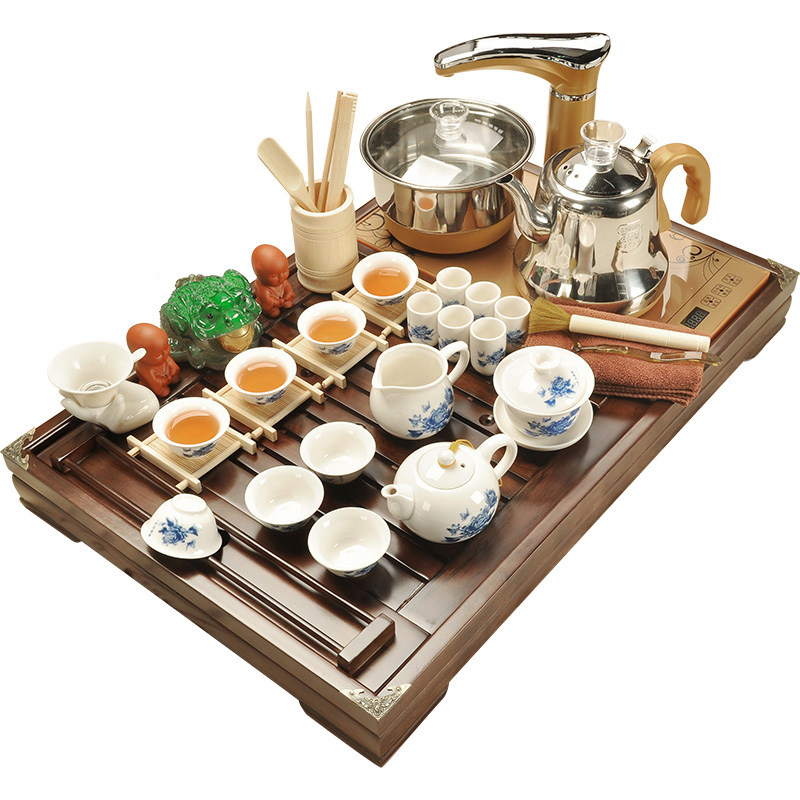 Beauty cabinet fully automatic four one household kung fu tea tray was real wood tea set purple ceramic teapot tea cups suits for