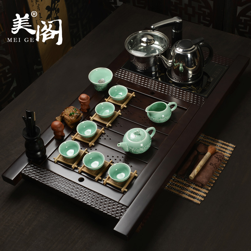 Beauty cabinet household ceramic tea set yixing purple sand of a complete set of kung fu solid wood tea tray induction cooker four unity