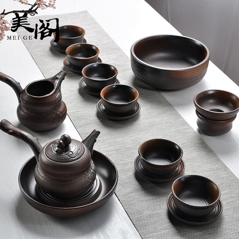 The pavilion antique manual firewood kung fu tea set household coarse pottery teapot to burn a complete set of tea cups