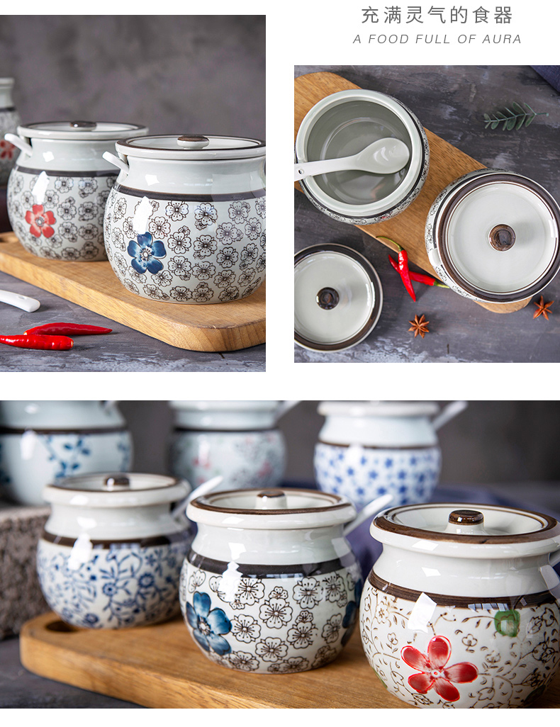 Flavor pot home under glaze color porcelain Japanese kitchen tank creative salt shaker sugar pot spice bottles with a spoon