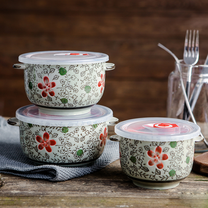 Japanese under glaze color porcelain ears preservation bowl household three - piece multi - function silicone seal with cover to eat instant noodles