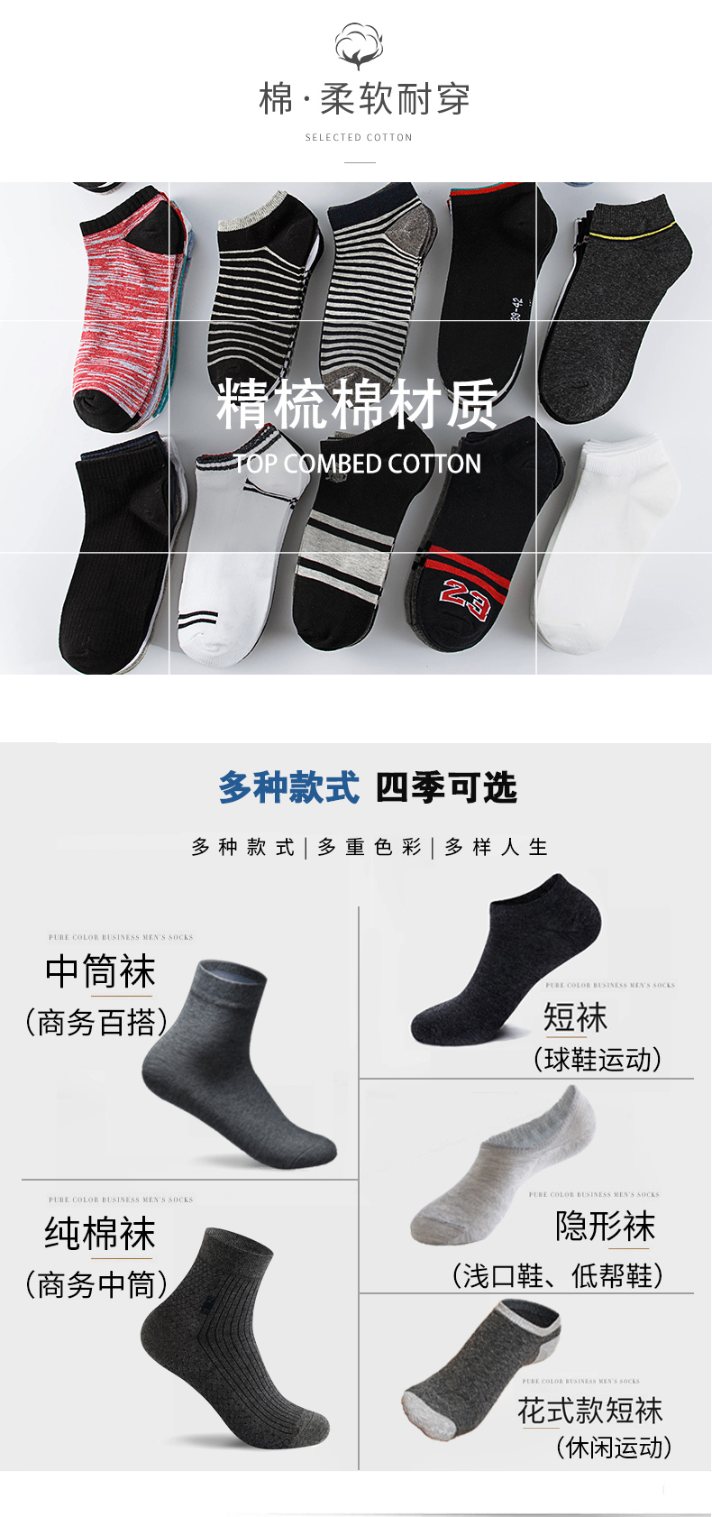 南极人 男精梳棉 透气吸汗船袜/中筒袜 15双 图3
