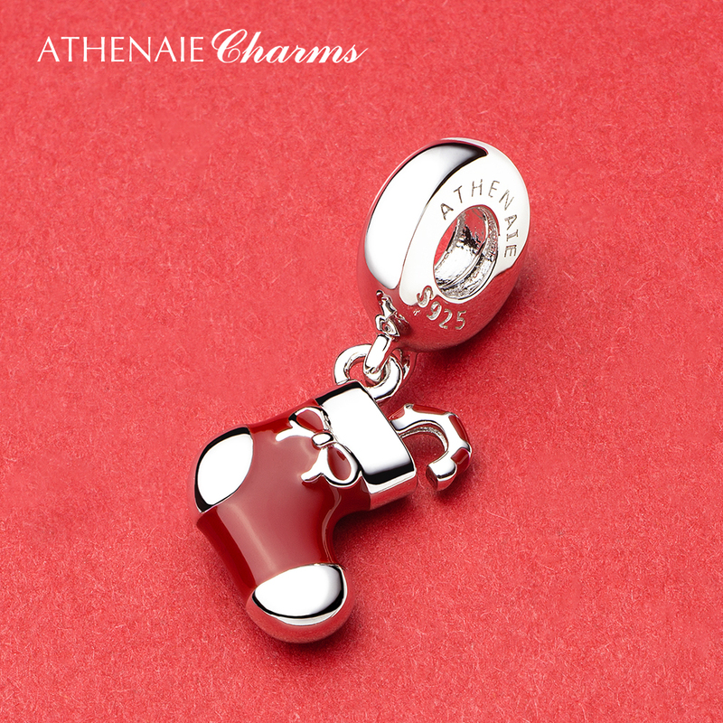 Christmas Stocking 925 Silver Red Enamel Beads DIY Jewelry Bracelet with Beads Christmas Gift