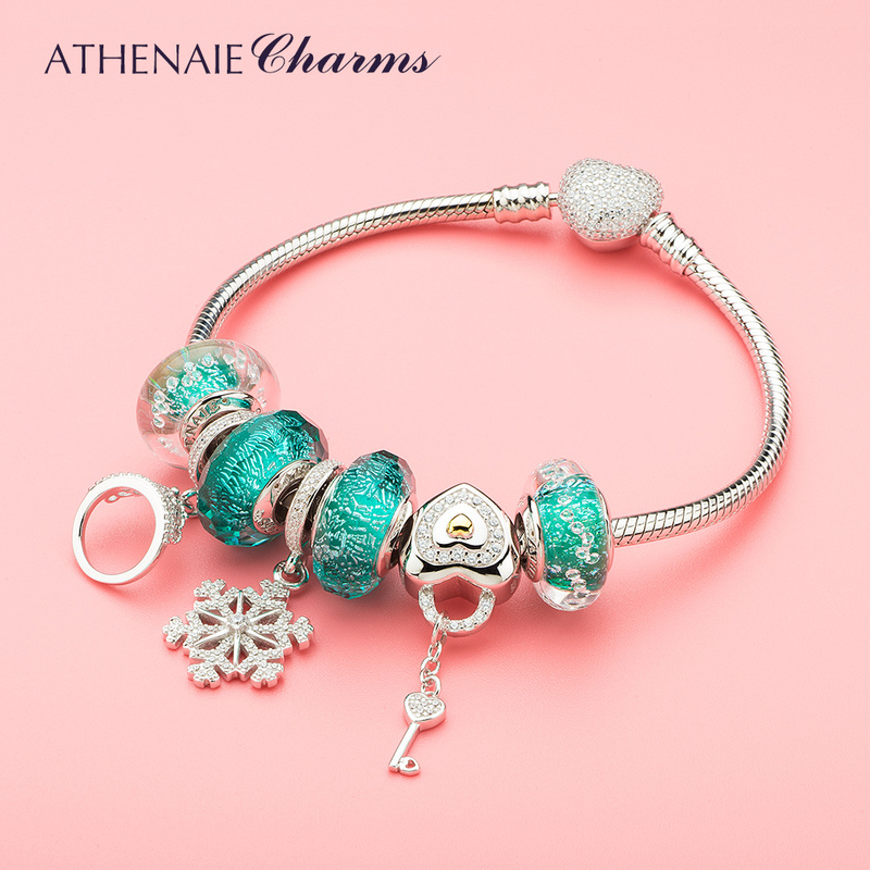 Athenaie Shiny Lake Green Faceted Glass Bead Key Crown Style 925 Silver Bracelet Couple Gift for Girlfriend