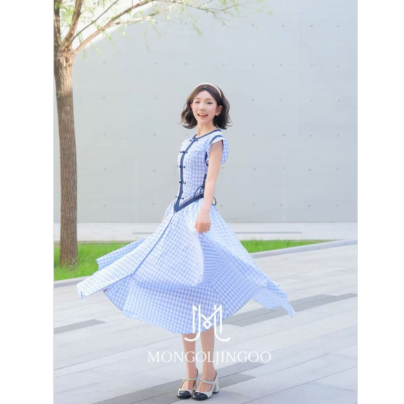 Retro Plaid French Patchwork Vest Dress for Women [Mongolian Beauty] [Ethnic Original]