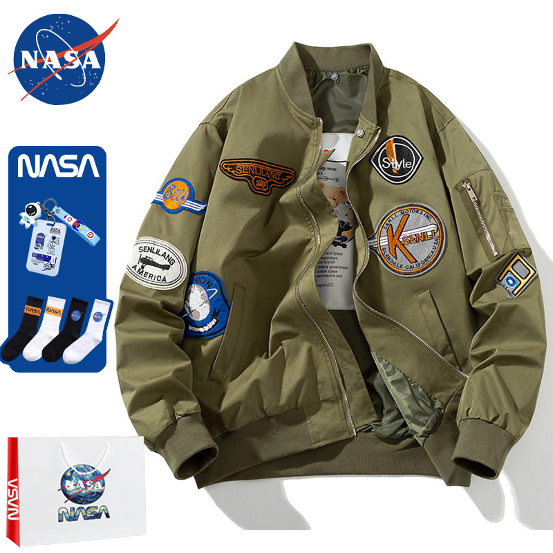 Spring and Autumn New Style National Trend American-Style Embroidered Green Baseball Jacket for Men and Women, Couple Nasa Pilot Jacket, Loose Outerwear
