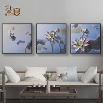 Chinese sofa background wall Lotus decorative painting triple modern living room wall hanging painting 3D three-dimensional relief painting mural