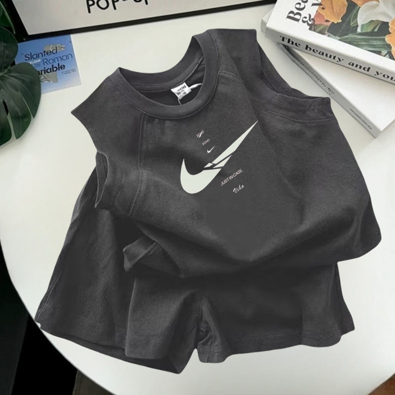 Boys' Sports Vest Set Summer 2025 New Style for Older Children, Stylish Pure Cotton Sleeveless Top and Shorts Two-Piece Set